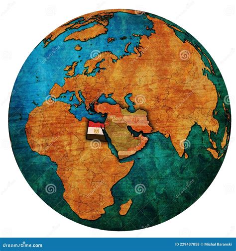 Map Of Egypt Territory Located In Middle East Region With Country Flags Over Globe Map Stock