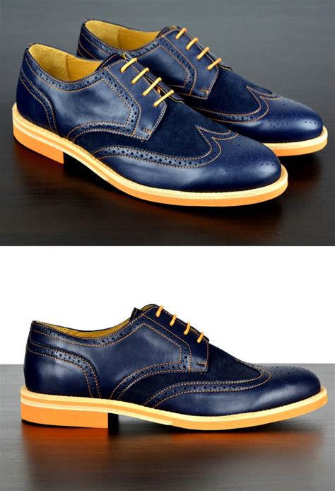 Mens Navy And Orange Leather Wingtip Dress Shoes Soxy Socks