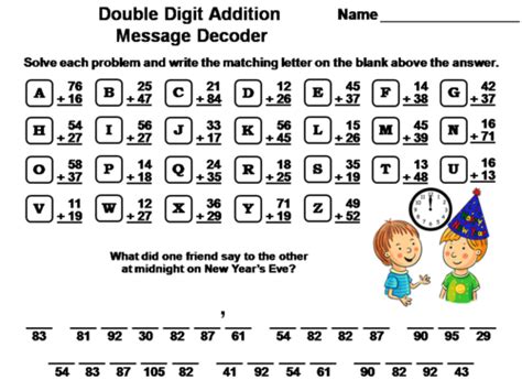 Double Digit Addition With Regrouping New Years Math Activity Message