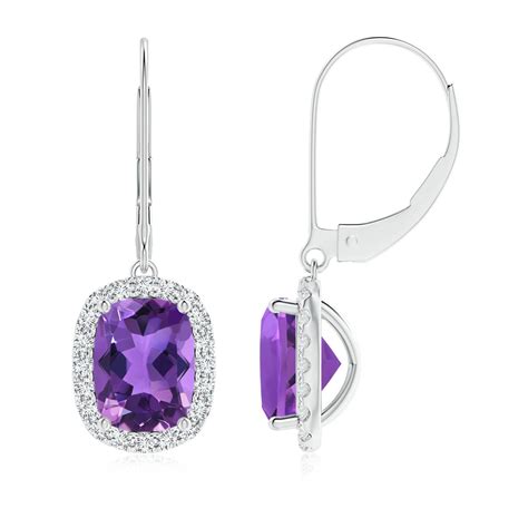 Cushion Amethyst Leverback Earrings With Diamond Halo Angara