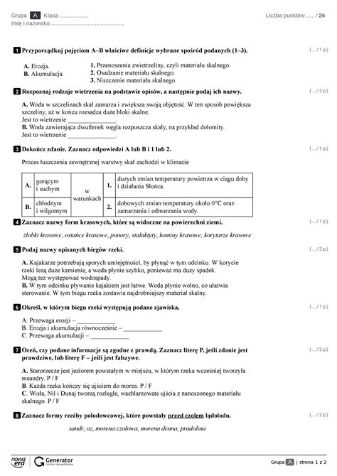 Sprawdzian Procesy Egzogeniczne Grupa A Strona 1 Z 2 Grupa A