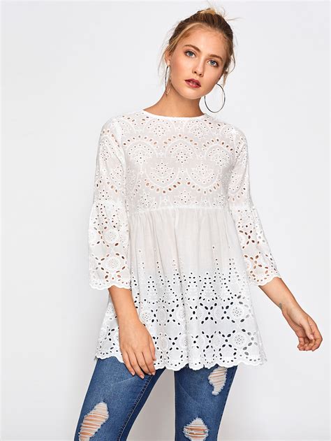 Eyelet Embroidered Scallop Trim Smock Blouse Shein Sheinside