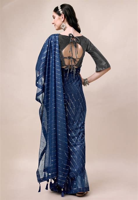 Buy Embellished Lycra Elastane Saree In Blue Online Sxta