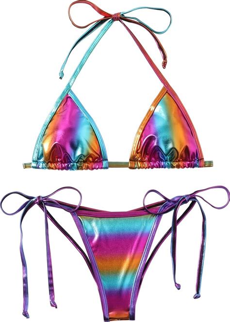 Balasami Women S Liquid Metallic Rainbow Bikini Sets Shiny String