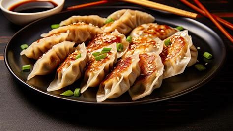 Premium Ai Image Japanese Gyoza Dumplings Served With Soy Sauce