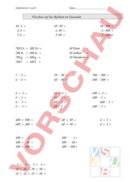 Arbeitsblatt Vorschau Auf Das Rechnen Im Tausender Mathematik