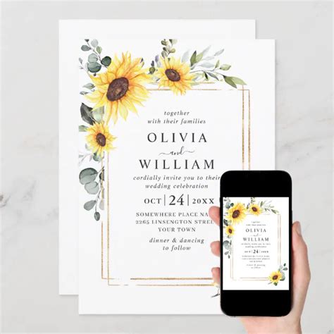 Elegant Sunflowers Eucalyptus Wedding All In One Invitation Zazzle