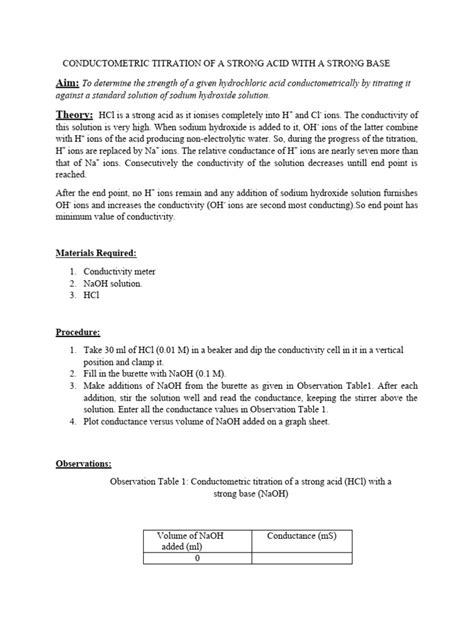 Conductometric Titration Of A Strong Acid With A Strong Base Pdf Hydrochloric Acid Chemistry