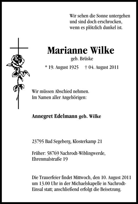 Traueranzeigen Von Marianne Wilke Trauer In Nrw De