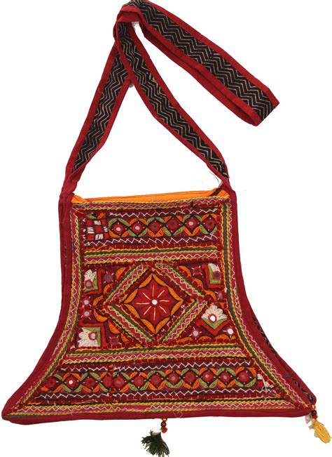 Mars Red Shoulder Bag From Kutch With Floral Embroidery Exotic India Art