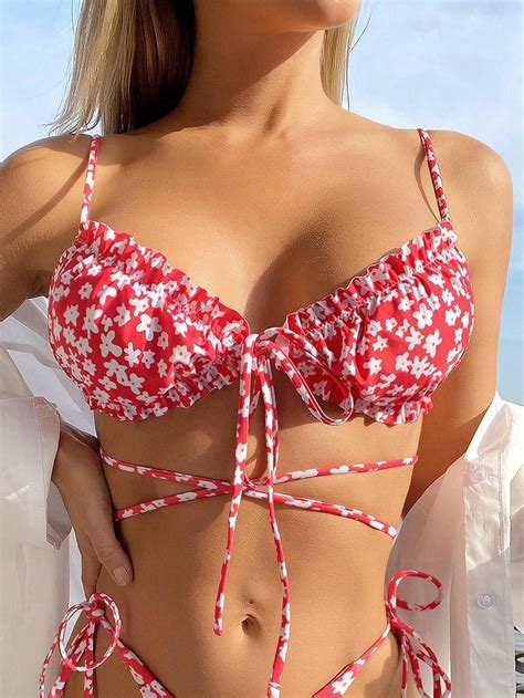 Kwiaty Wi Zanie Falbanki Rf Nf S Shein G Ra Od Bikini Print Ceny I