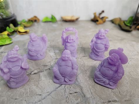 Small Laughing Buddha Figurines Handmade Pack Of 6 Purple Lucky Happy