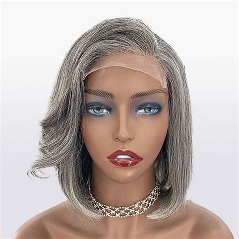 Salt And Pepper Human Hair Bob Wigs 180 Density Glueless Grey Wigs