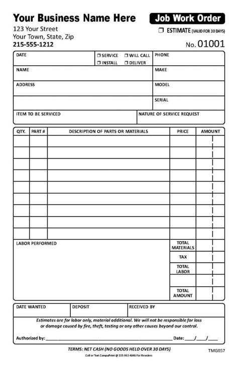 Custom Job Work Order Estimate TMG057 Compuprint USA