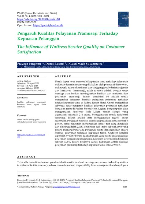 PDF Pengaruh Kualitas Pelayanan Pramusaji Terhadap Kepuasan Pelanggan