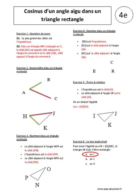 Cosinus Dun Angle Aigu Dans Un Triangle Rectangle Me Exercices