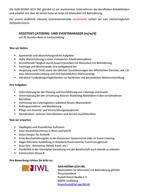 Stellenanzeige Catering Assistent Iwl