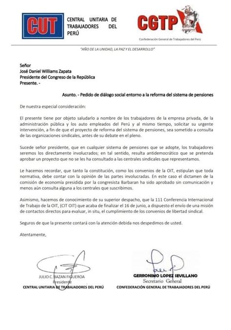 Reforma De Pensiones Cut Y Cgtp Envían Carta Al Congreso Para Detener