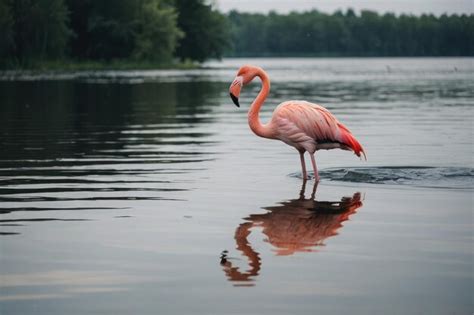 Premium Photo A One Pink Flamingo Bird On The Lake