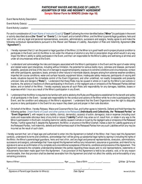 Free Printable Waiver And Assumption Of Risk Template