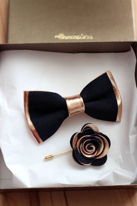 Rose Gold Navy Blue Leather Bow Tie For Men Rose Gold Wedding Bow Tie