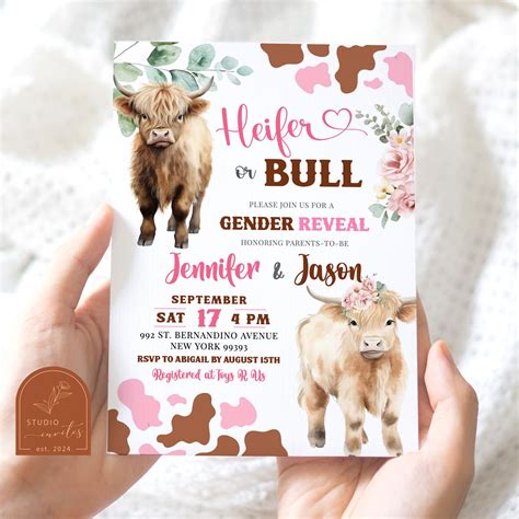 Heifer or Bull Gender Reveal Invitation, Modern Highland Cow New Baby