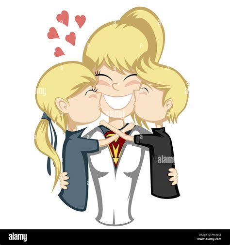 Une blonde super héros mère et son fils et fille blonde enfants kiss