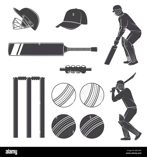 Set Of Cricket Equipment Silhouette Icons Vector Illustration Set