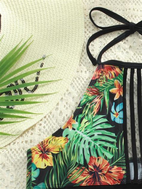 Floral Tropical Mesh Trim Bikini Swimsuit SHEIN USA