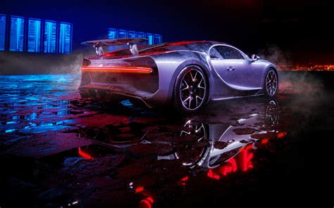 Download Wallpapers Bugatti Chiron Night 2018 Cars Rain Back View