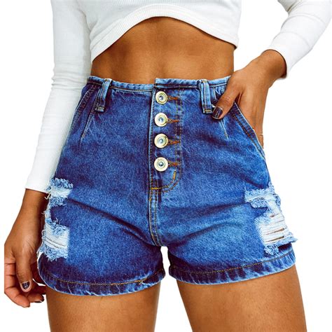 Shorts Jeans Hot Pants Feminino Cintura Alta Desfiado Modelo