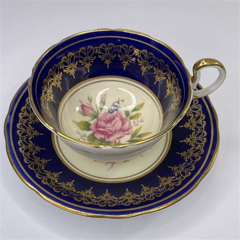 Rare Aynsley Cabbage Rose Teacup And Saucer Cobalt Blue With Pink