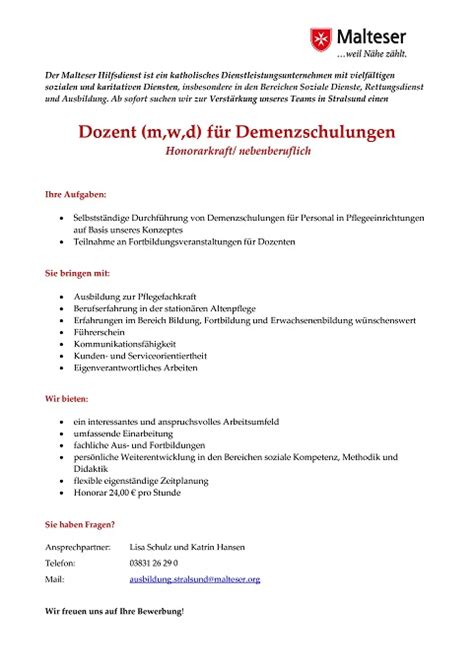 Wir stellen ein Dozent m w d für Demenzschulungen Honorarkraft