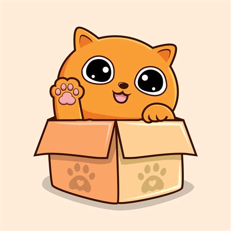 Orange Cat In Box Cartoon Waving Hand Cute Pussy Cat Kawaii Pawns Vector 19526439 Vector Art
