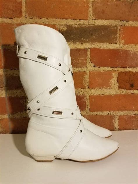 WHITE LEATHER BOOTS // Vintage Sexy 80's Rocker Silve… - Gem