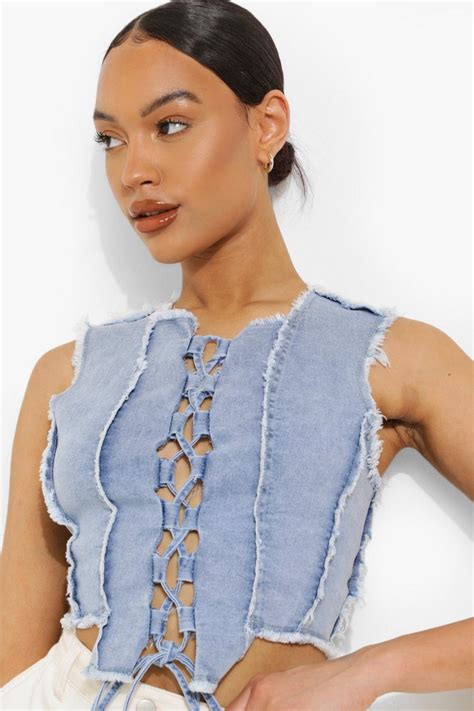 Lace Up Denim Crop Top Boohoo Uk