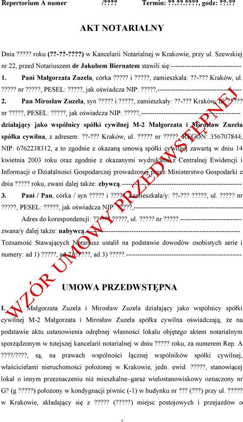 AKT NOTARIALNY UMOWA PRZEDWSTĘPNA Repertorium A numer Termin