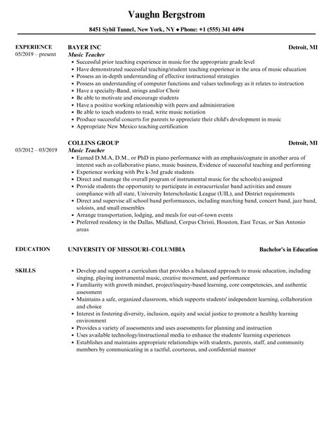 Music Teacher Resume Samples | Velvet Jobs