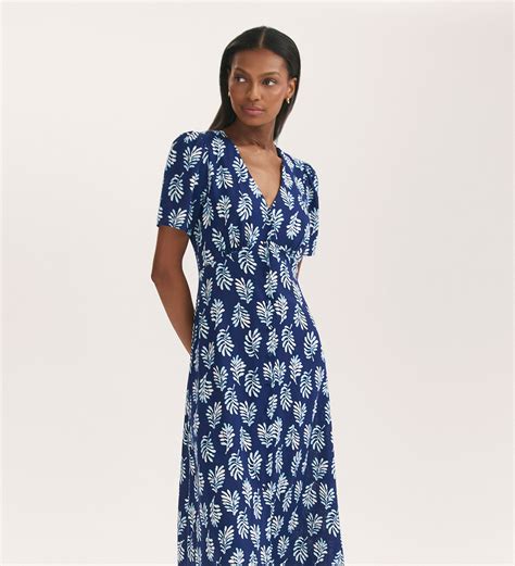 Martina Navy Leaf Print Midi Dress – Finery London