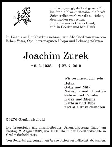 Traueranzeigen Von Joachim Zurek Rz Trauer De