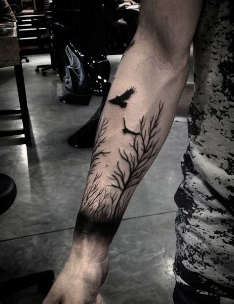 Black Ravens And Trees Forearm Piece