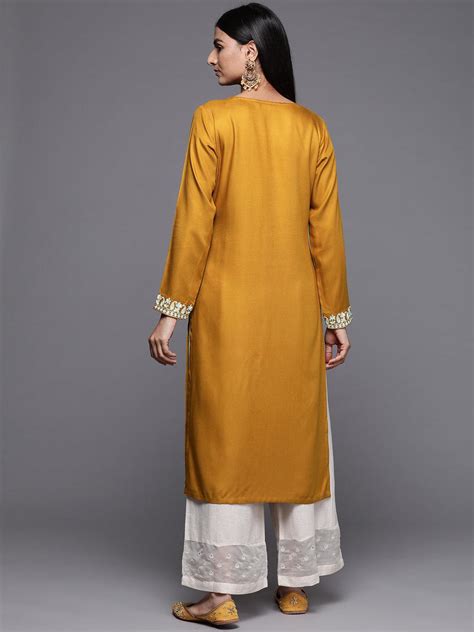 Buy Mustard Embroidered Pashmina Wool Straight Kurta Online At Rs 719