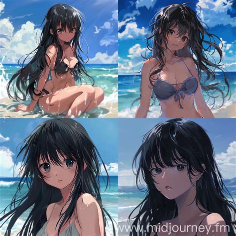 Adorable Anime Girl with Long Black Hair at the Beach | JourneyArt