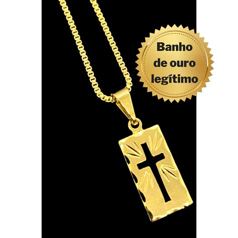 Corrente Cordão Masculino Banhado A Ouro Ping Plaquinha Cruz Shopee