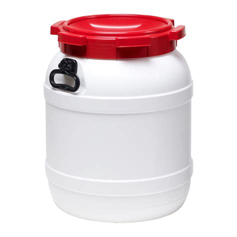 14 5 Gallon White UN Rated HDPE Wide Mouth Drum With Red Lid Hand