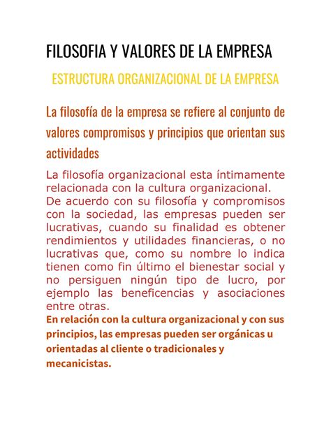 Filosofia Y Valores DE LA Empresa FILOSOFIA Y VALORES DE LA EMPRESA