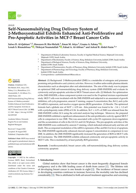 Pdf Self Nanoemulsifying Drug Delivery System Of 2 Methoxyestradiol