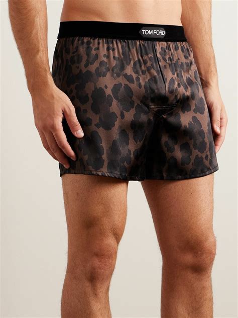 Tom Ford Velvet Trimmed Leopard Print Silk Satin Boxer Shorts Brown