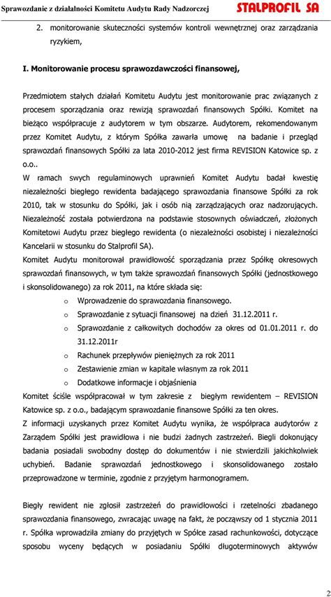 SPRAWOZDANIE z działalności Komitetu Audytu Rady Nadzorczej STALPROFIL