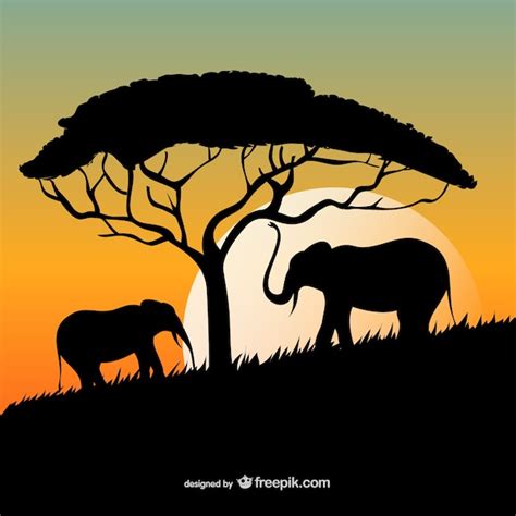 Afrikaanse Zonsondergang Met Olifanten En Boomsilhouetten Gratis Vector